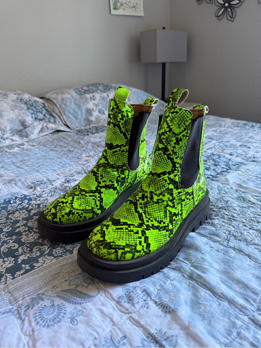 Neon Green Snake Print Chelsea Boots